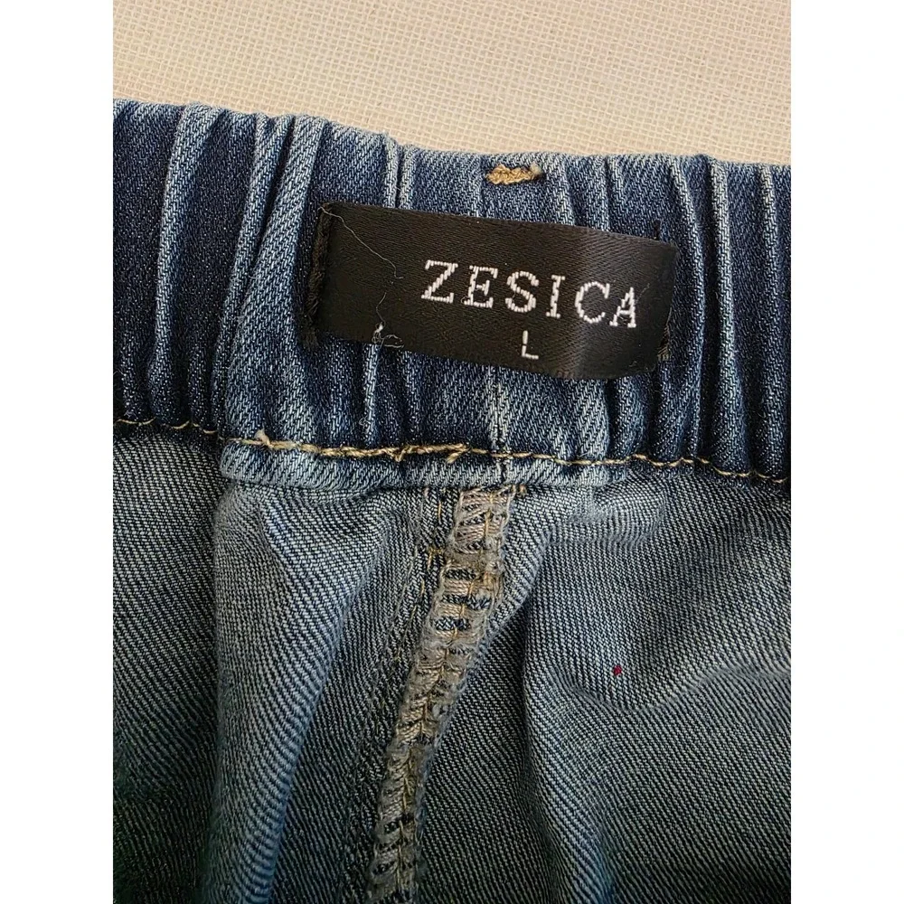ZESICA Womens Wide Leg Drawstring Denim Pants Blue Elastic Waist Jeans Large - Picture 8 of 9